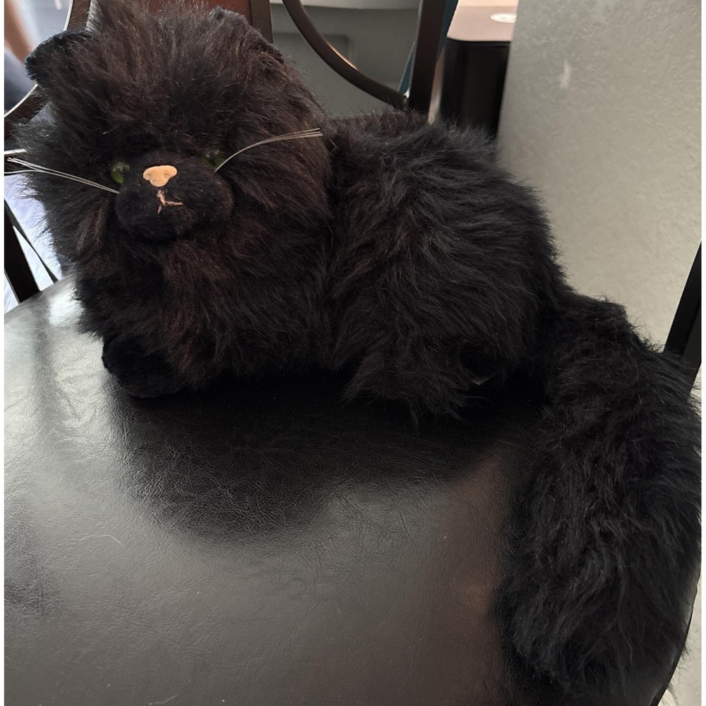 Vintage Russ Berrie Persian Black Cat Plush Nikki Green Eyes Long Hair Realistic